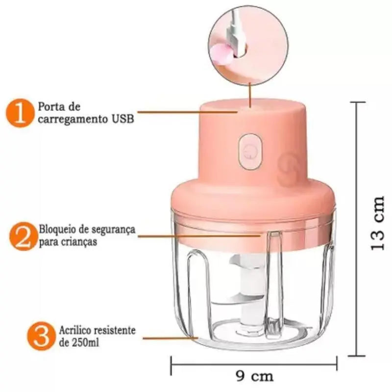 Mini processador de alimentos elétrico 250ml, triturador recarregável sem fio, utensílio de cozinha.