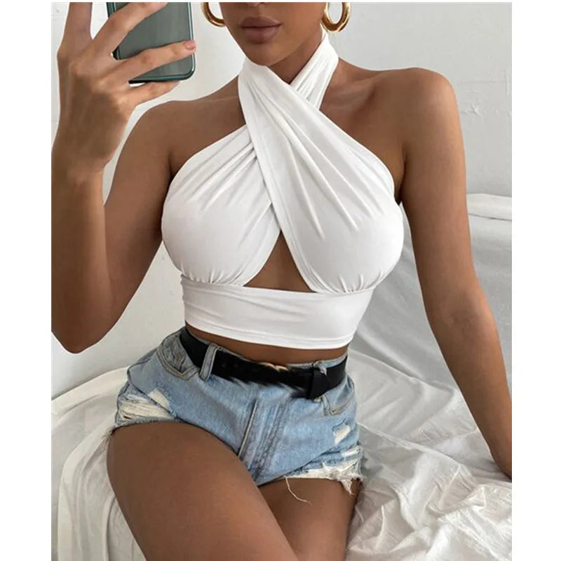 Mulheres verão tank tops sólido cruz halter, sem costas topos feminino camisola recortada topo fino sem mangas streetwear