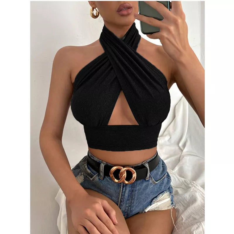 Mulheres verão tank tops sólido cruz halter, sem costas topos feminino camisola recortada topo fino sem mangas streetwear