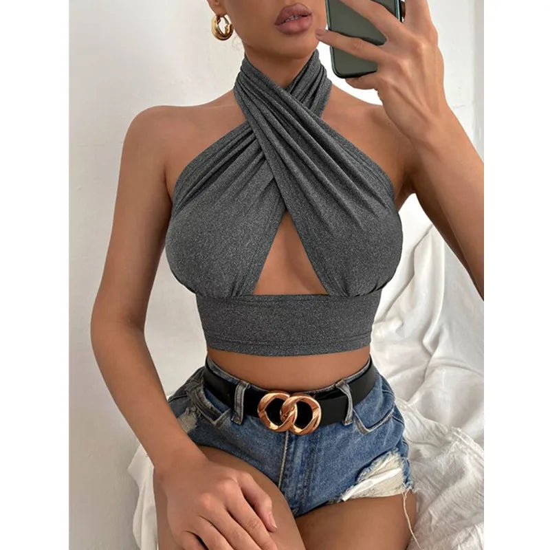 Mulheres verão tank tops sólido cruz halter, sem costas topos feminino camisola recortada topo fino sem mangas streetwear