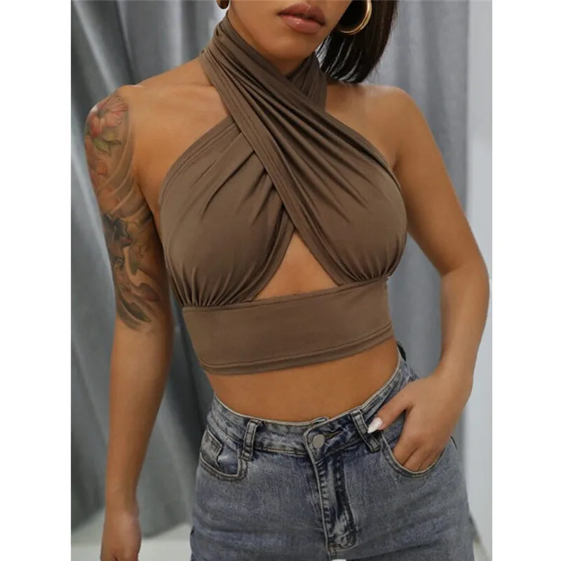 Mulheres verão tank tops sólido cruz halter, sem costas topos feminino camisola recortada topo fino sem mangas streetwear