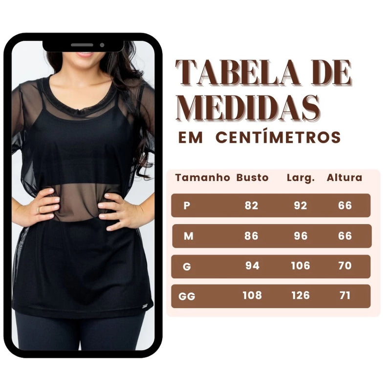 Blusa Feminina Transparente de Tule Manga Curta Camiseta Academia Treino