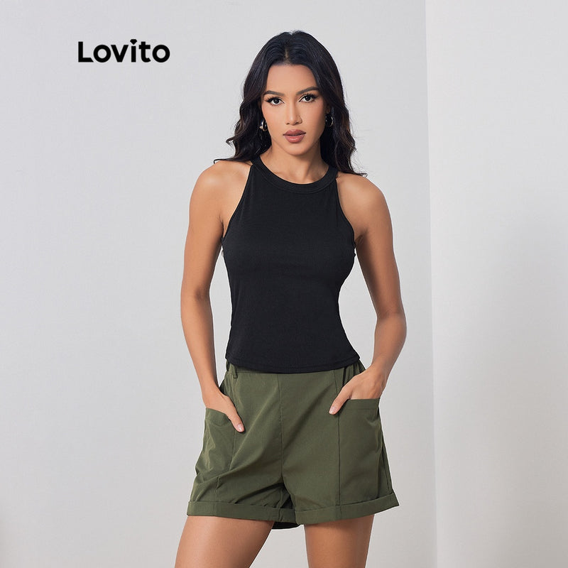 Conjuntos De Shorts Casuais, Lovito,  Lisos Com Bolso Colorblock Para Mulheres