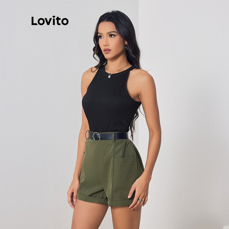 Conjuntos De Shorts Casuais, Lovito,  Lisos Com Bolso Colorblock Para Mulheres