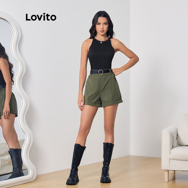 Conjuntos De Shorts Casuais, Lovito,  Lisos Com Bolso Colorblock Para Mulheres