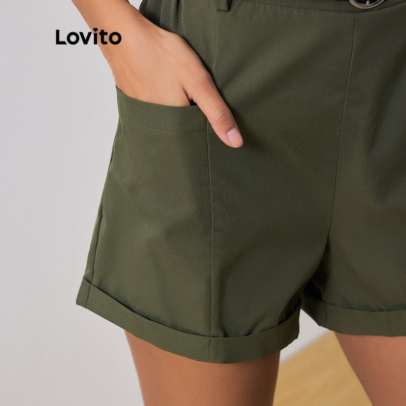 Conjuntos De Shorts Casuais, Lovito,  Lisos Com Bolso Colorblock Para Mulheres