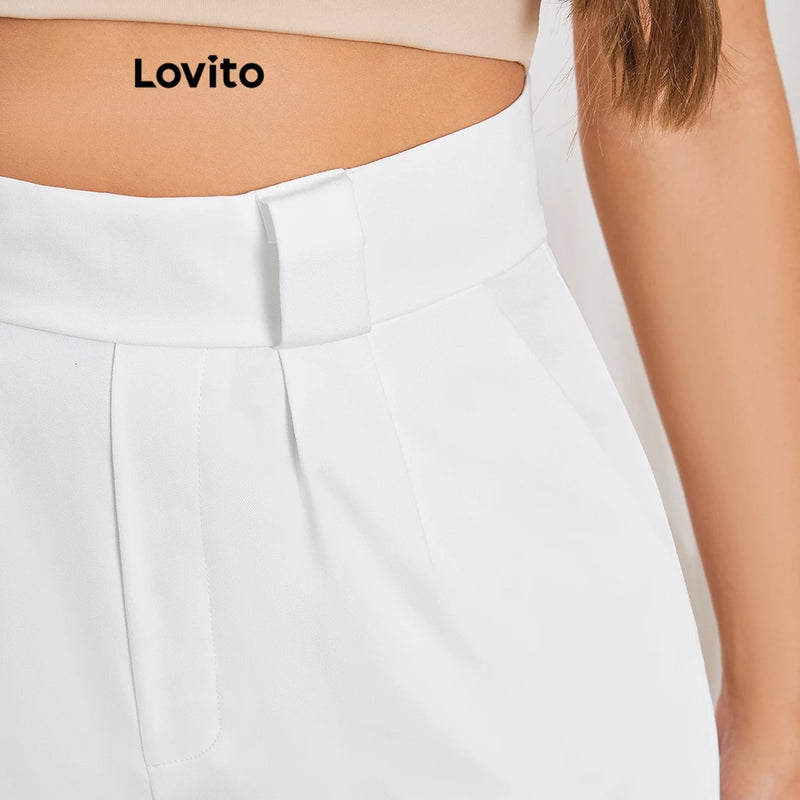 Lovito Shorts Plissados Lisos Elegantes Para Mulheres LBL06164 (Branco)