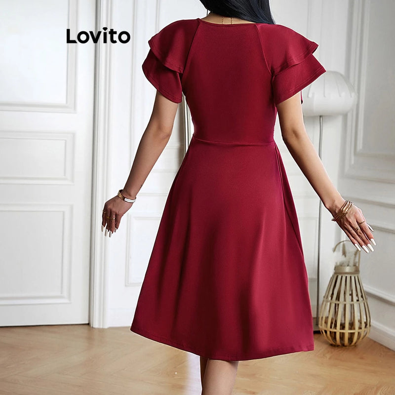 Lovito Vestido Elegante Com Babados Lisos Para Mulheres LNL36074 (Verde Escuro/Borgonha/Preto)