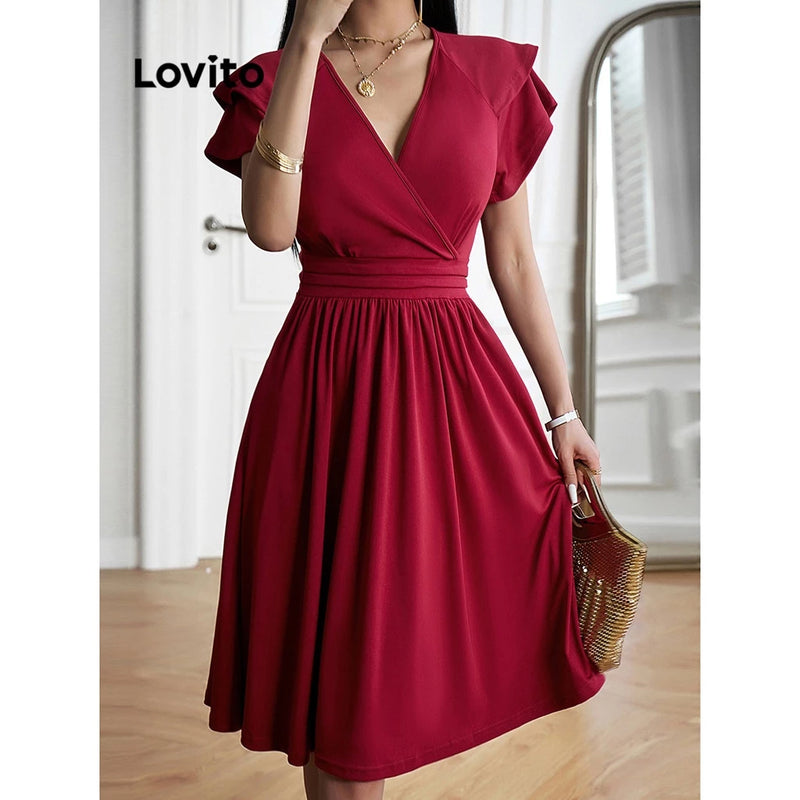 Lovito Vestido Elegante Com Babados Lisos Para Mulheres LNL36074 (Verde Escuro/Borgonha/Preto)