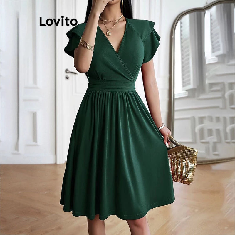 Lovito Vestido Elegante Com Babados Lisos Para Mulheres LNL36074 (Verde Escuro/Borgonha/Preto)