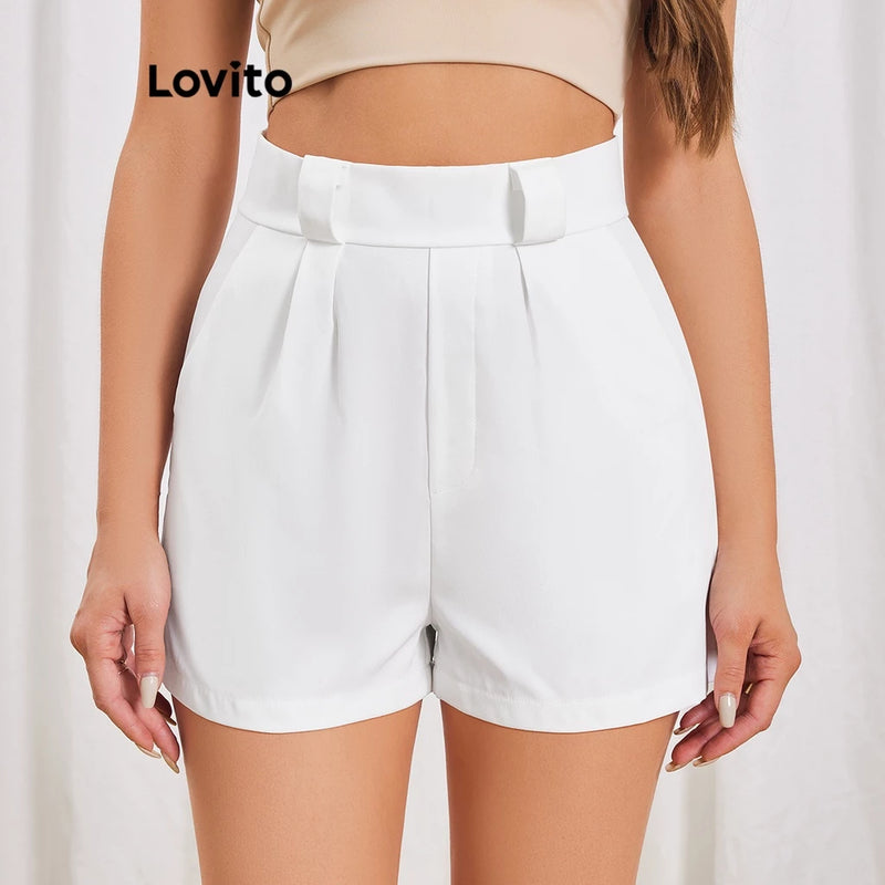 Lovito Shorts Plissados Lisos Elegantes Para Mulheres LBL06164 (Branco)