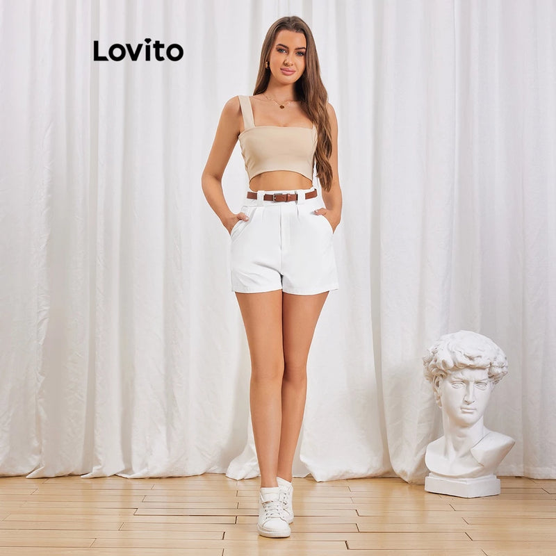 Lovito Shorts Plissados Lisos Elegantes Para Mulheres LBL06164 (Branco)